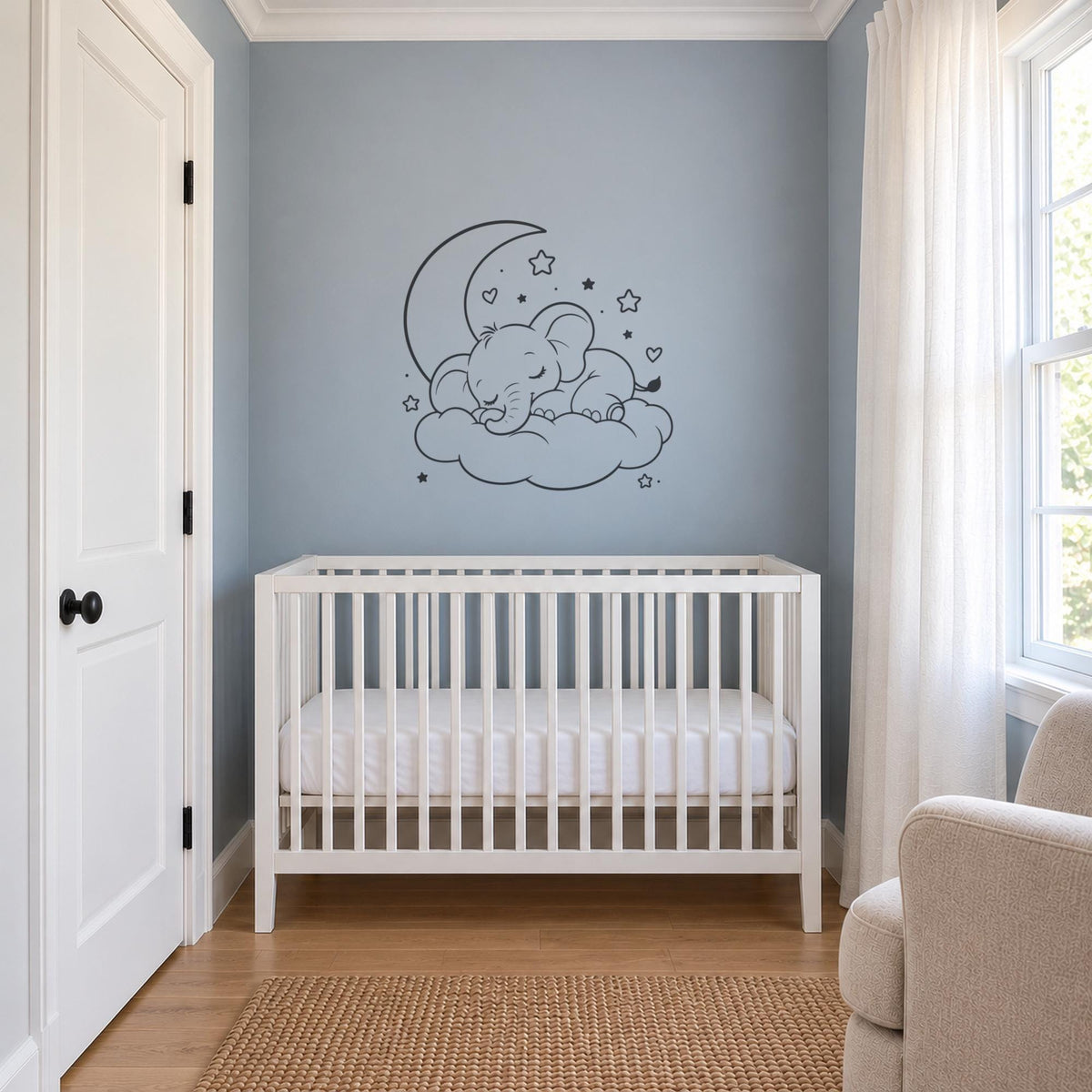 Sleeping Elephant Wall Decal, Baby Elephant on Cloud, Line Art Outline Nursery Sticker