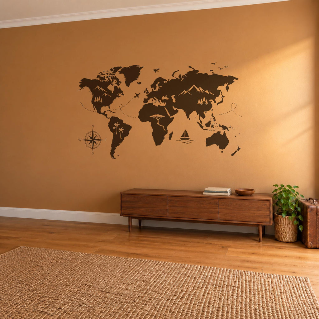 Adventure World Map Wall Decal, Large Travel Map Wall Art, Compass Mountains Vinyl Decor