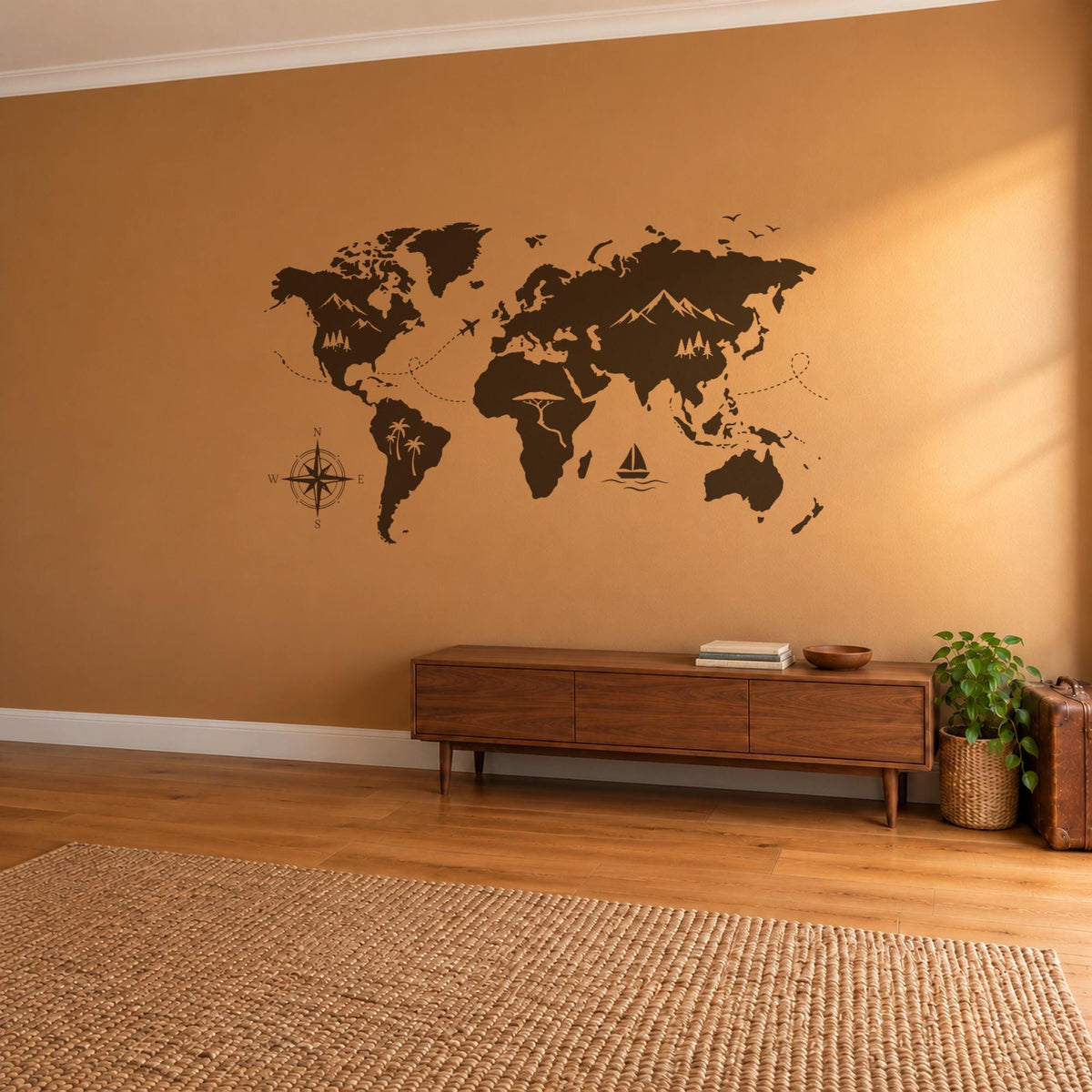 Adventure World Map Wall Decal, Large Travel Map Wall Art, Compass Mountains Vinyl Decor