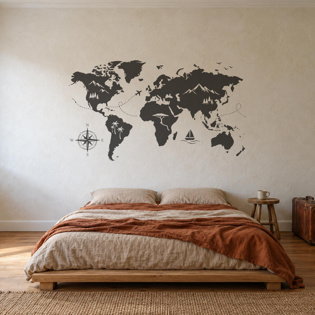 Adventure World Map Wall Decal, Large Travel Map Wall Art, Compass Mountains Vinyl Decor