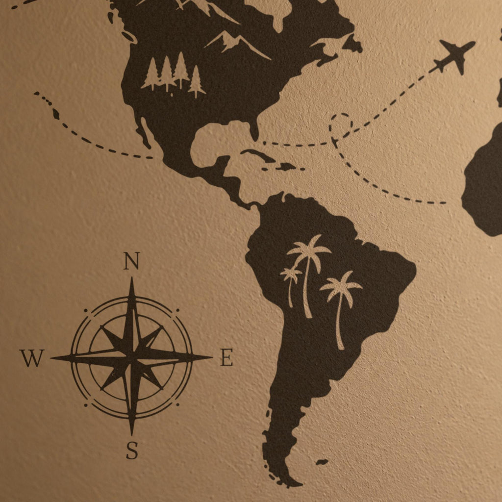 Adventure World Map Wall Decal, Large Travel Map Wall Art, Compass Mountains Vinyl Decor