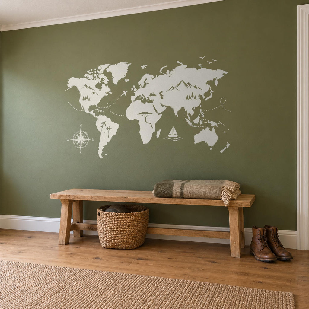Adventure World Map Wall Decal, Large Travel Map Wall Art, Compass Mountains Vinyl Decor