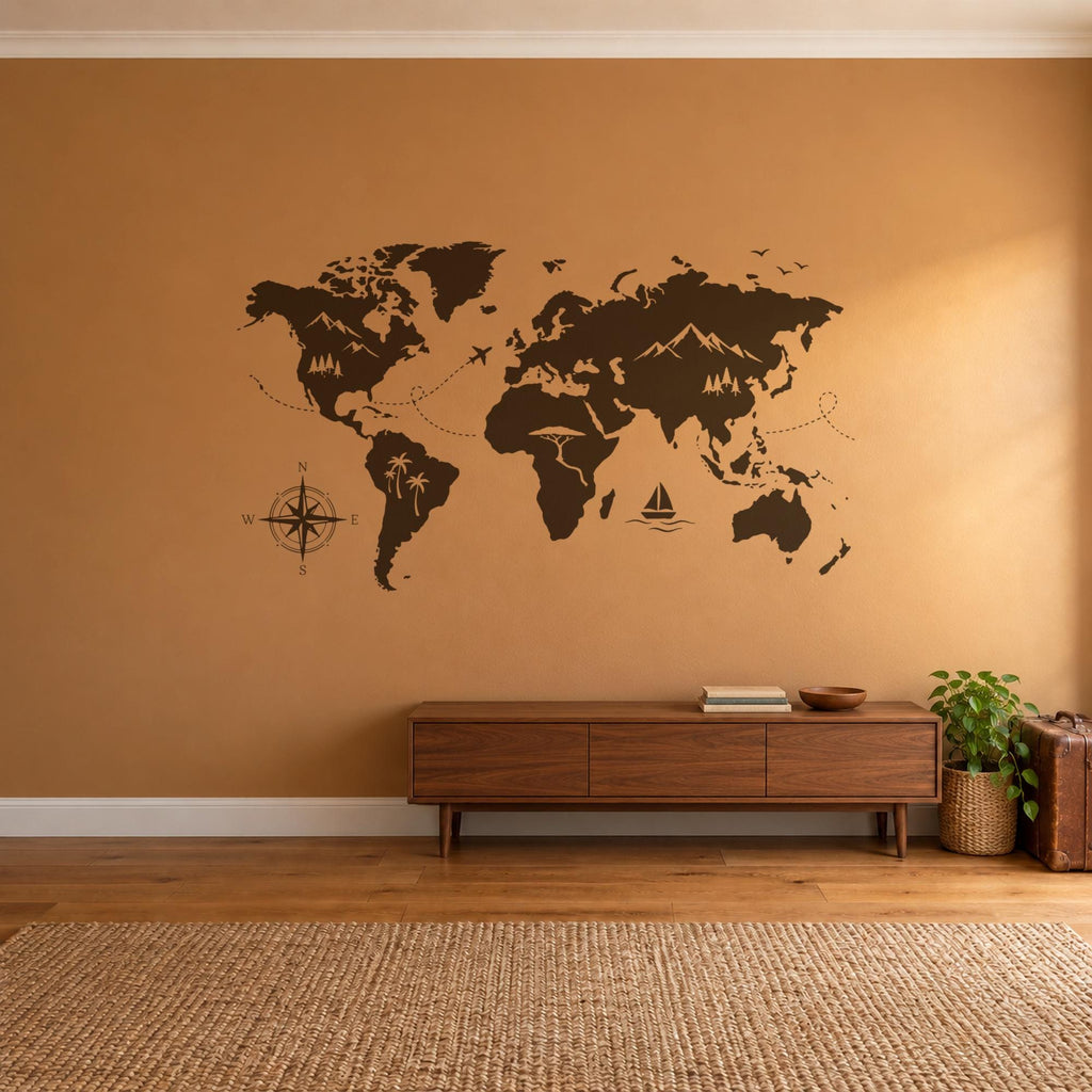 Adventure World Map Wall Decal, Large Travel Map Wall Art, Compass Mountains Vinyl Decor
