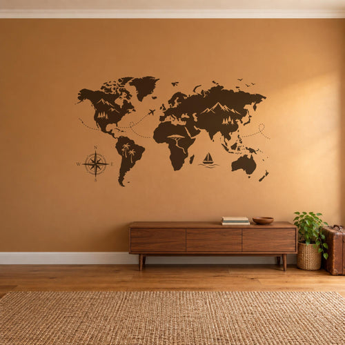 Adventure World Map Wall Decal, Large Travel Map Wall Art, Compass Mountains Vinyl Decor