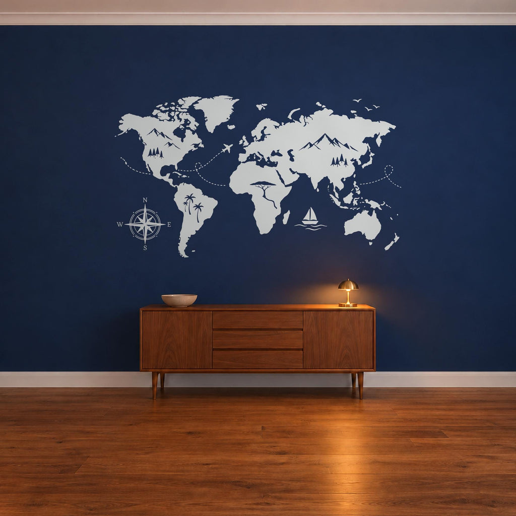Adventure World Map Wall Decal, Large Travel Map Wall Art, Compass Mountains Vinyl Decor