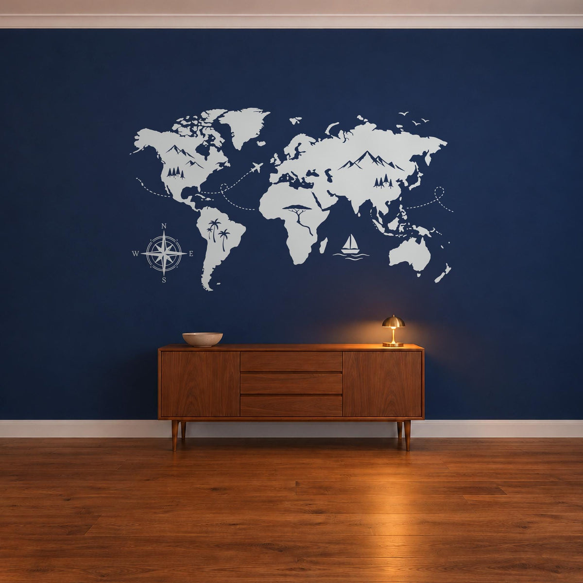 Adventure World Map Wall Decal, Large Travel Map Wall Art, Compass Mountains Vinyl Decor