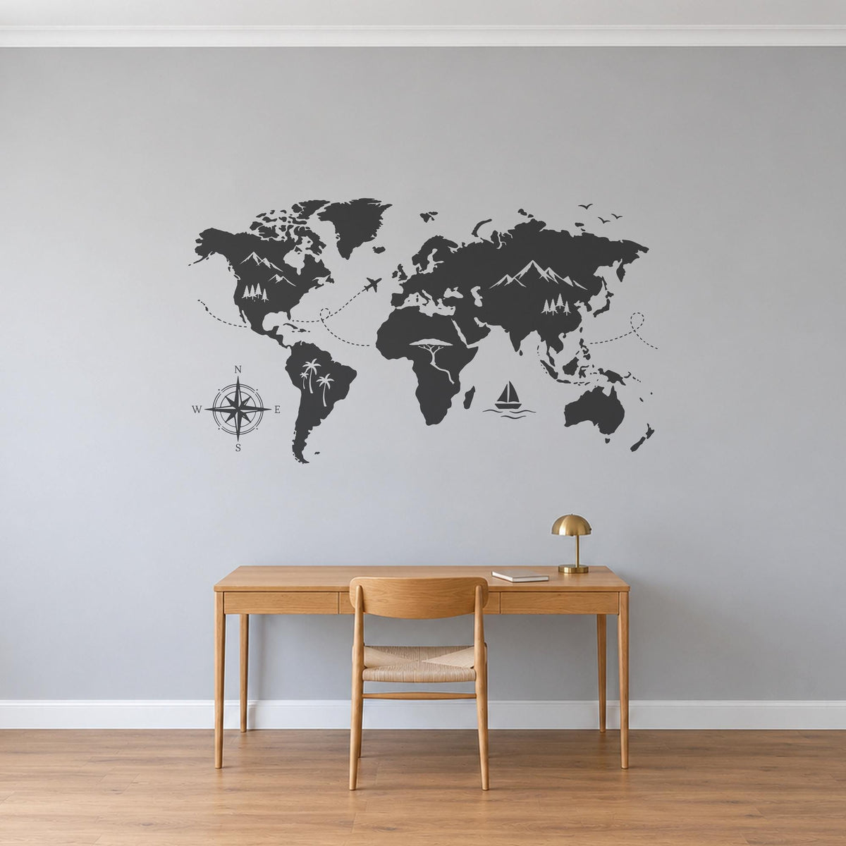 Adventure World Map Wall Decal, Large Travel Map Wall Art, Compass Mountains Vinyl Decor