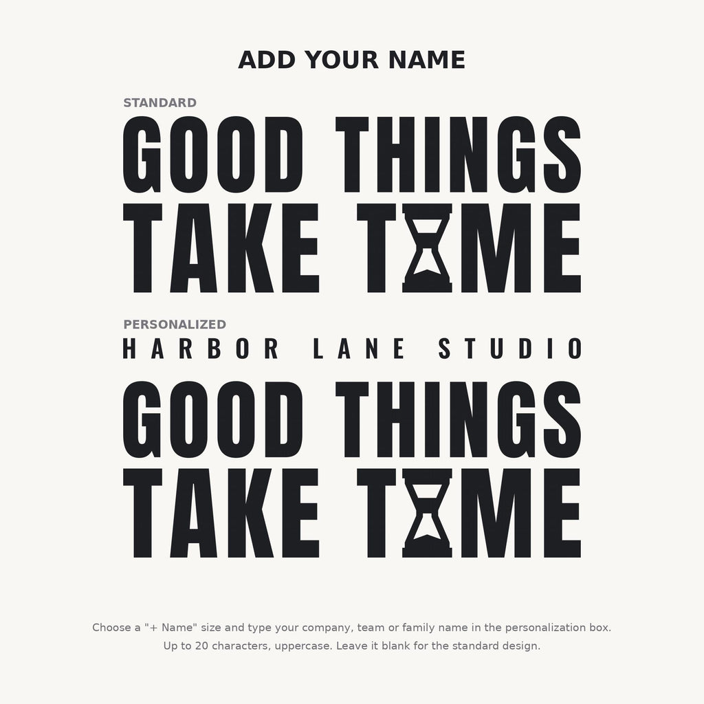 Good Things Take Time Wall Decal, Hourglass Wall Art, Custom Office Name Sign, Home Office Decor, New Business Gift