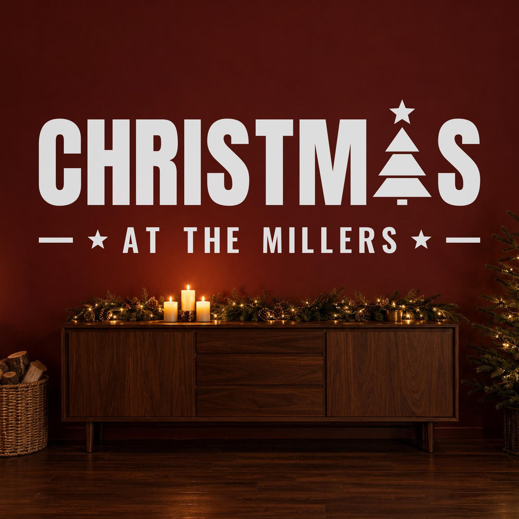 Christmas At Home Wall Decal, Custom Family Name Sign, Christmas Tree Wall Art, Holiday Decor, Large Vinyl Lettering for Living Room