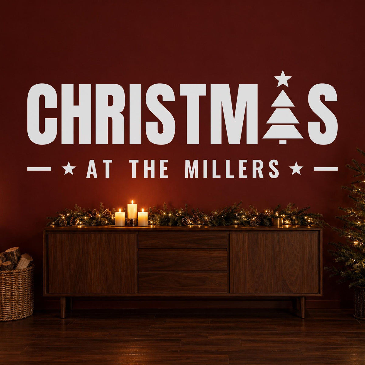 Christmas At Home Wall Decal, Custom Family Name Sign, Christmas Tree Wall Art, Holiday Decor, Large Vinyl Lettering for Living Room