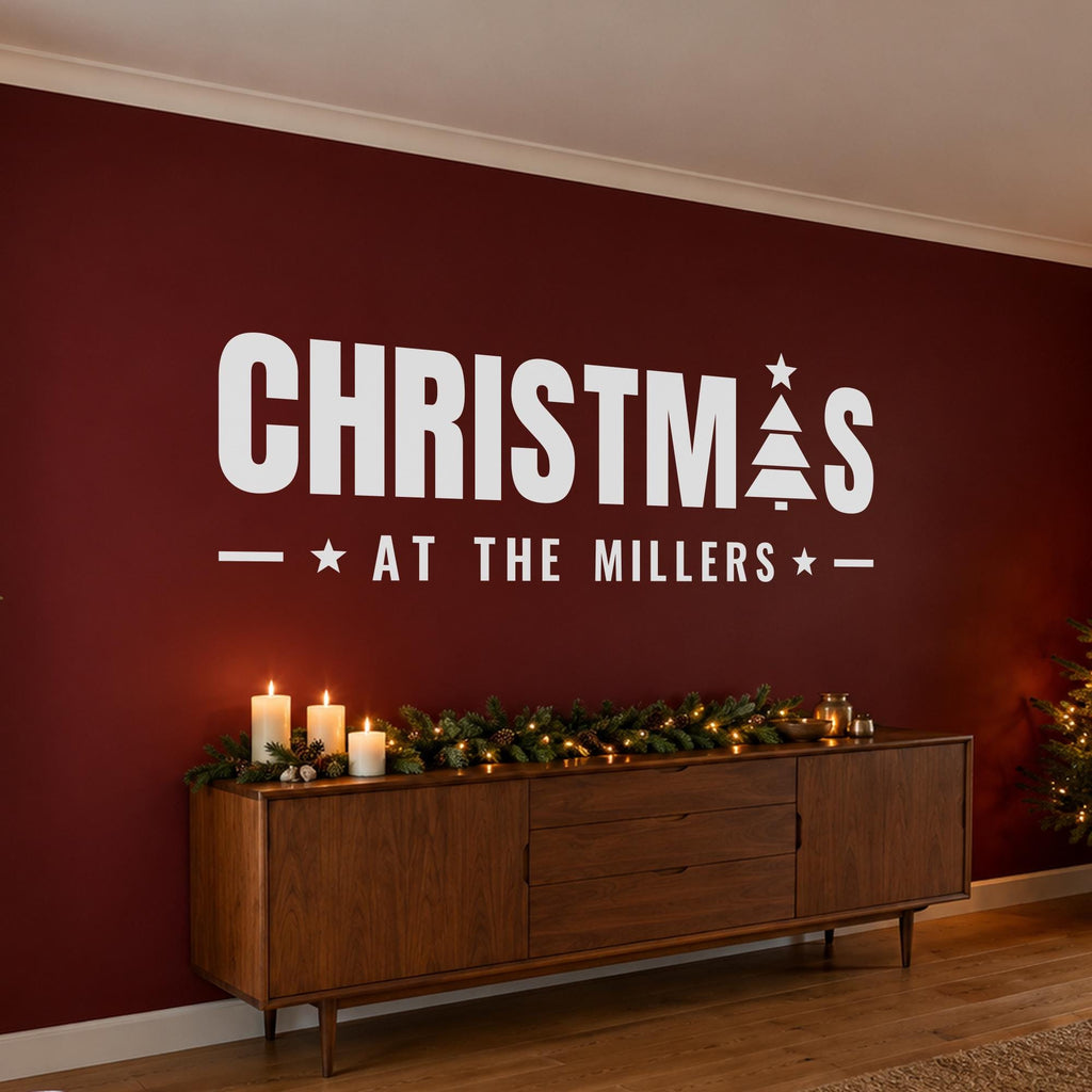 Christmas At Home Wall Decal, Custom Family Name Sign, Christmas Tree Wall Art, Holiday Decor, Large Vinyl Lettering for Living Room