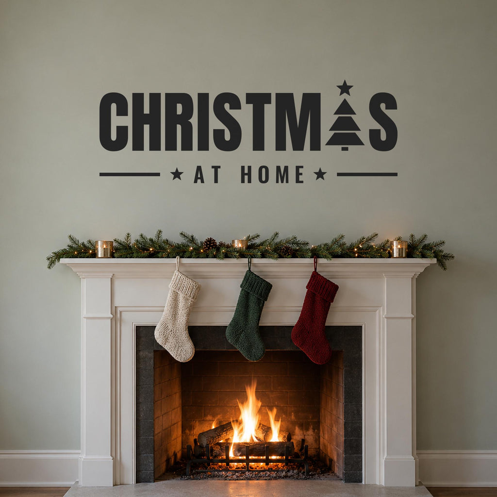 Christmas At Home Wall Decal, Custom Family Name Sign, Christmas Tree Wall Art, Holiday Decor, Large Vinyl Lettering for Living Room