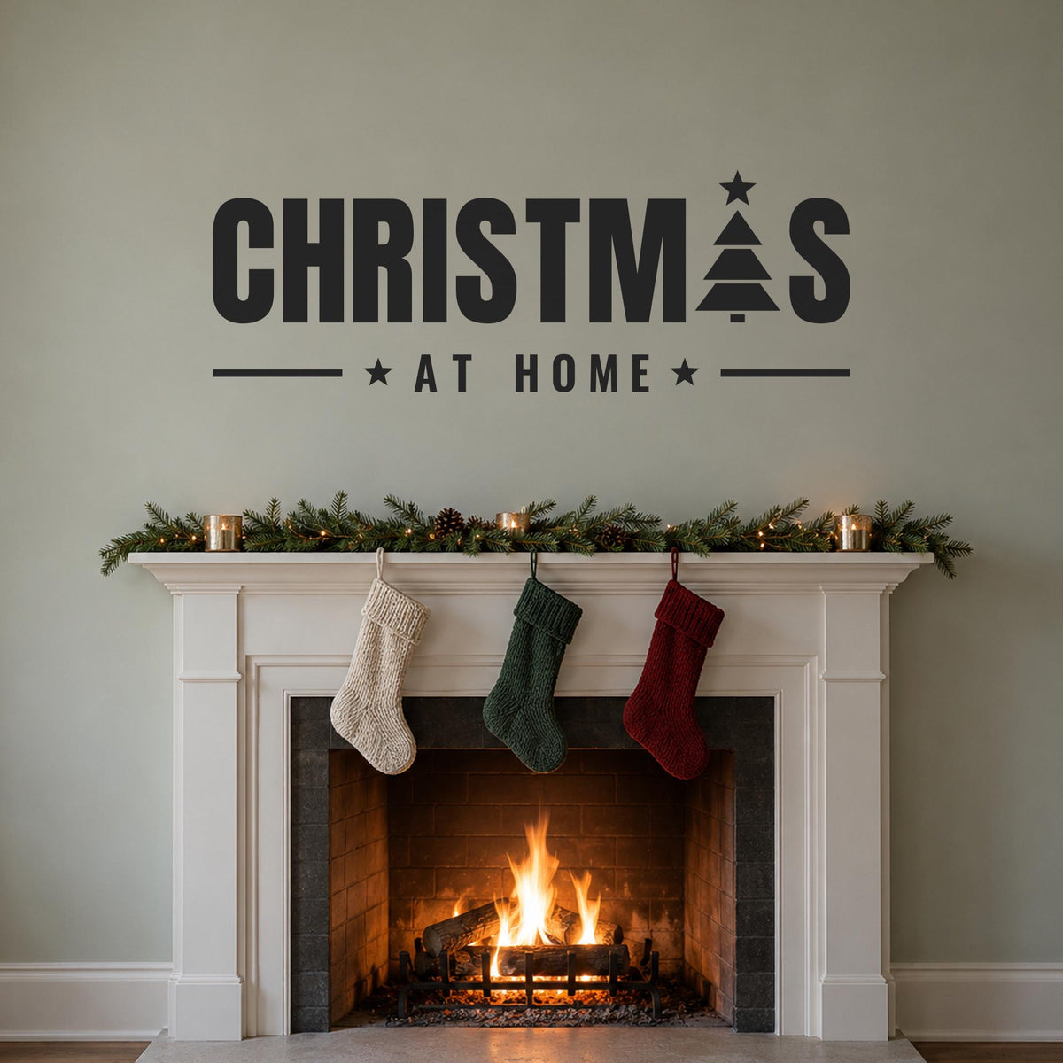 Christmas At Home Wall Decal, Custom Family Name Sign, Christmas Tree Wall Art, Holiday Decor, Large Vinyl Lettering for Living Room