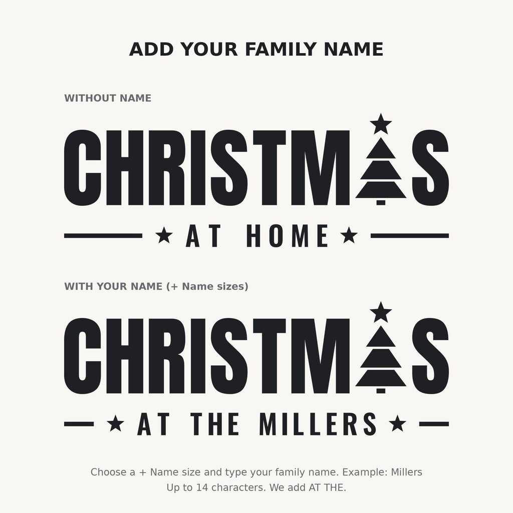 Christmas At Home Wall Decal, Custom Family Name Sign, Christmas Tree Wall Art, Holiday Decor, Large Vinyl Lettering for Living Room