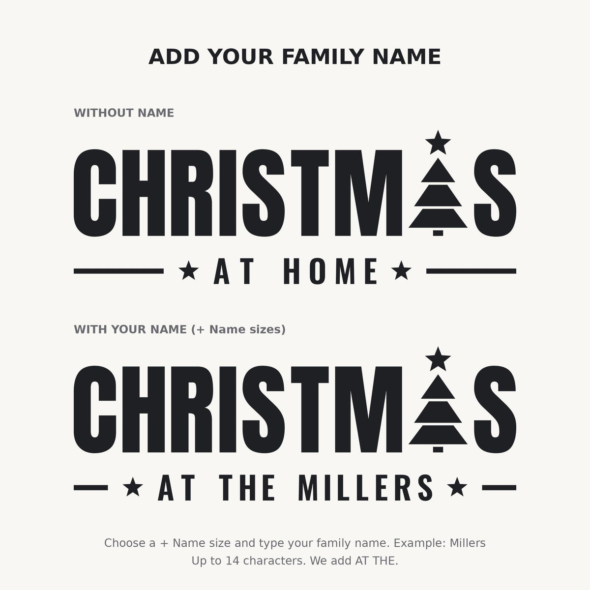 Christmas At Home Wall Decal, Custom Family Name Sign, Christmas Tree Wall Art, Holiday Decor, Large Vinyl Lettering for Living Room