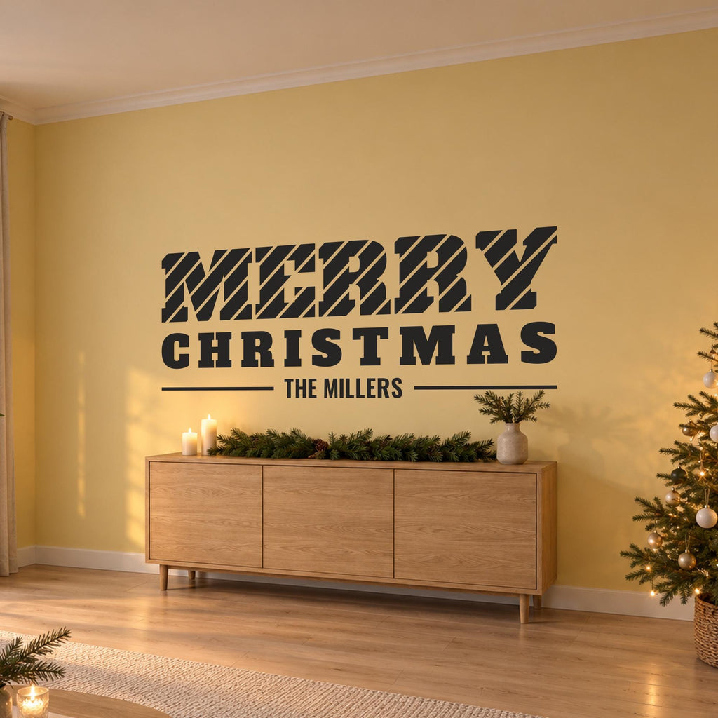 Merry Christmas Wall Decal, Candy Cane Christmas Sign, Custom Family Name, Holiday Wall Art, Large Vinyl Lettering for Living Room