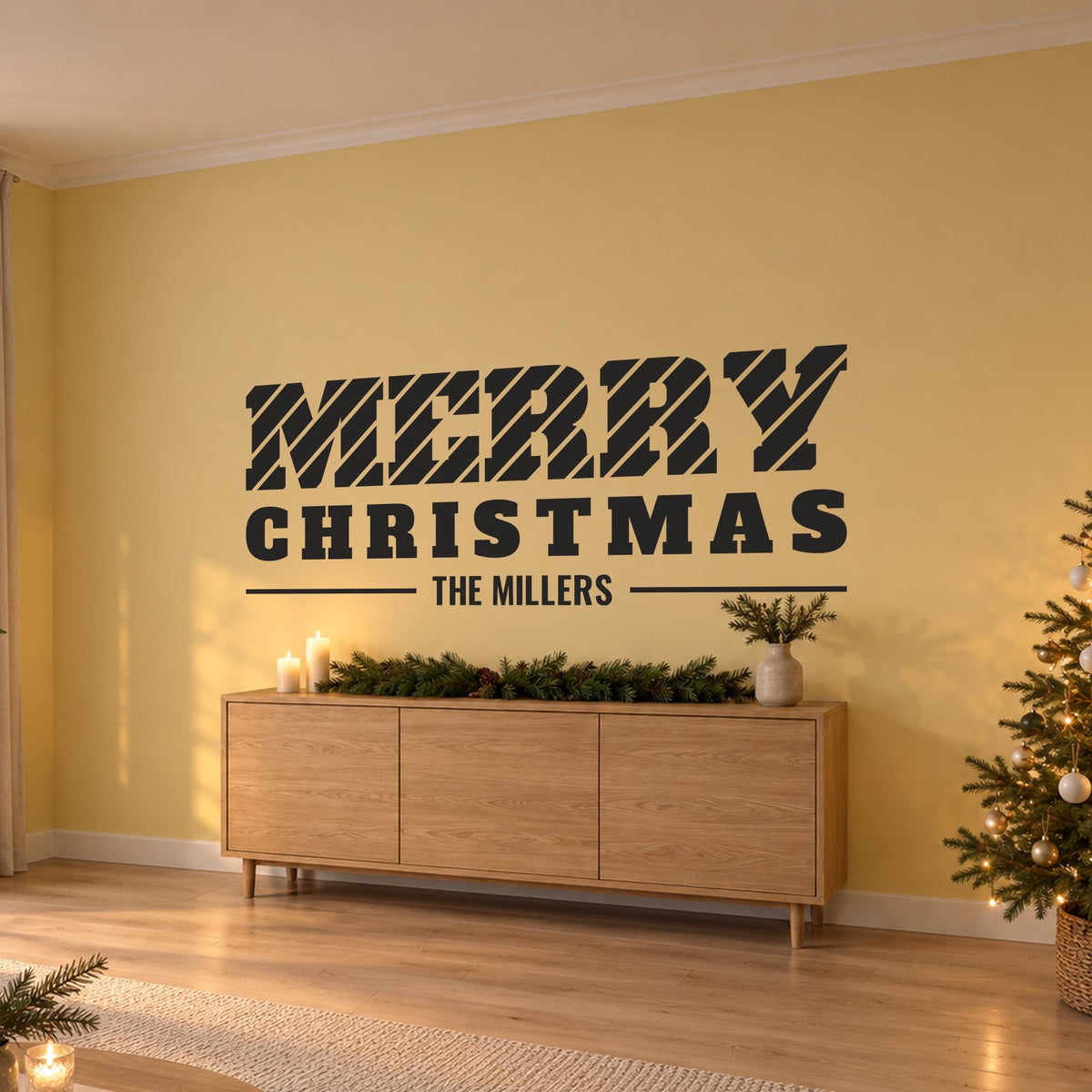 Merry Christmas Wall Decal, Candy Cane Christmas Sign, Custom Family Name, Holiday Wall Art, Large Vinyl Lettering for Living Room