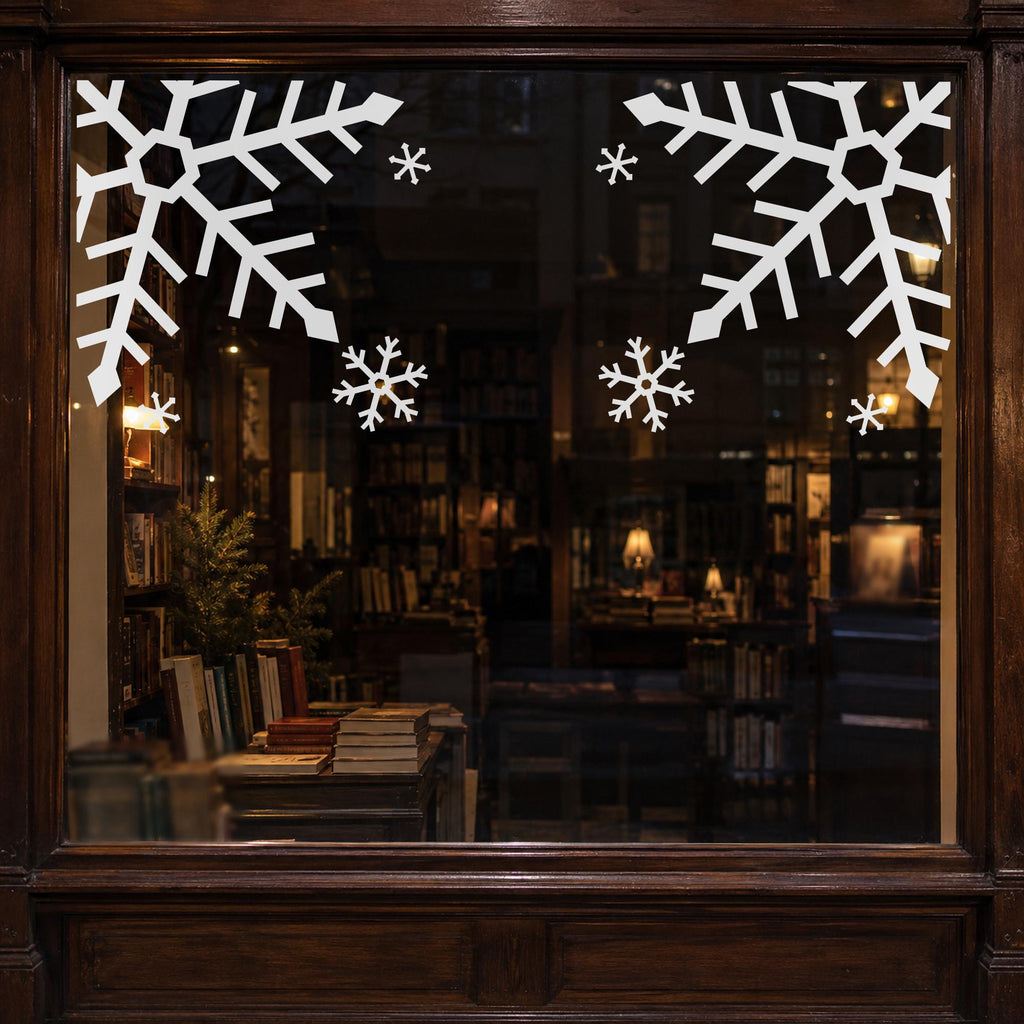 Snowflake Corner Window Decals, Set of 2, Giant Snowflake Christmas Decor, Winter Storefront Wall Decor for Shops and Cafes
