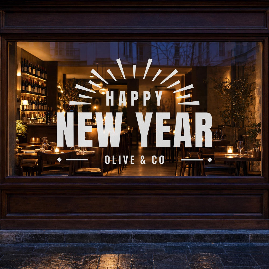 Happy New Year Window Decal, Custom Shop Name Storefront Sign, Art Deco New Years Eve Decor, Business Window Lettering, Holiday Wall Decor