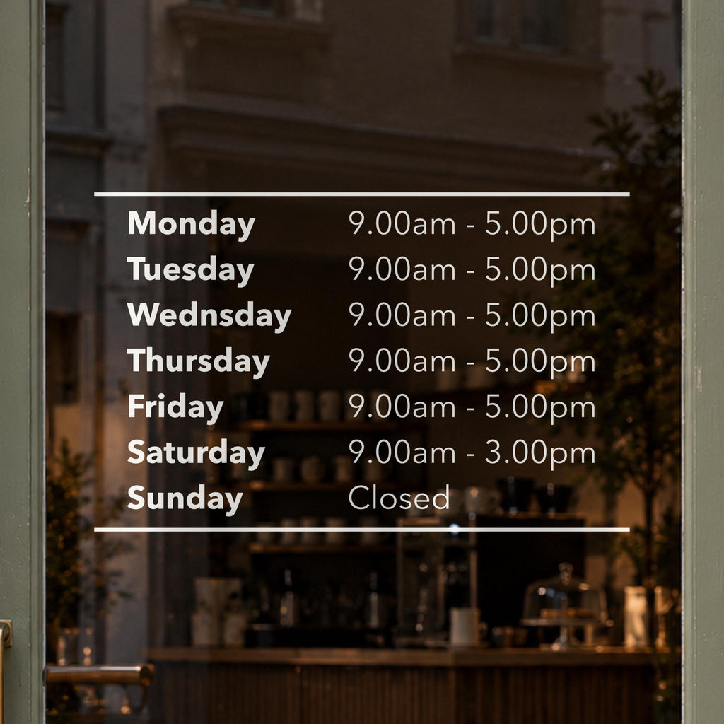Custom Business Hours Decal, Storefront Window Sign, Vinyl Lettering with Logo