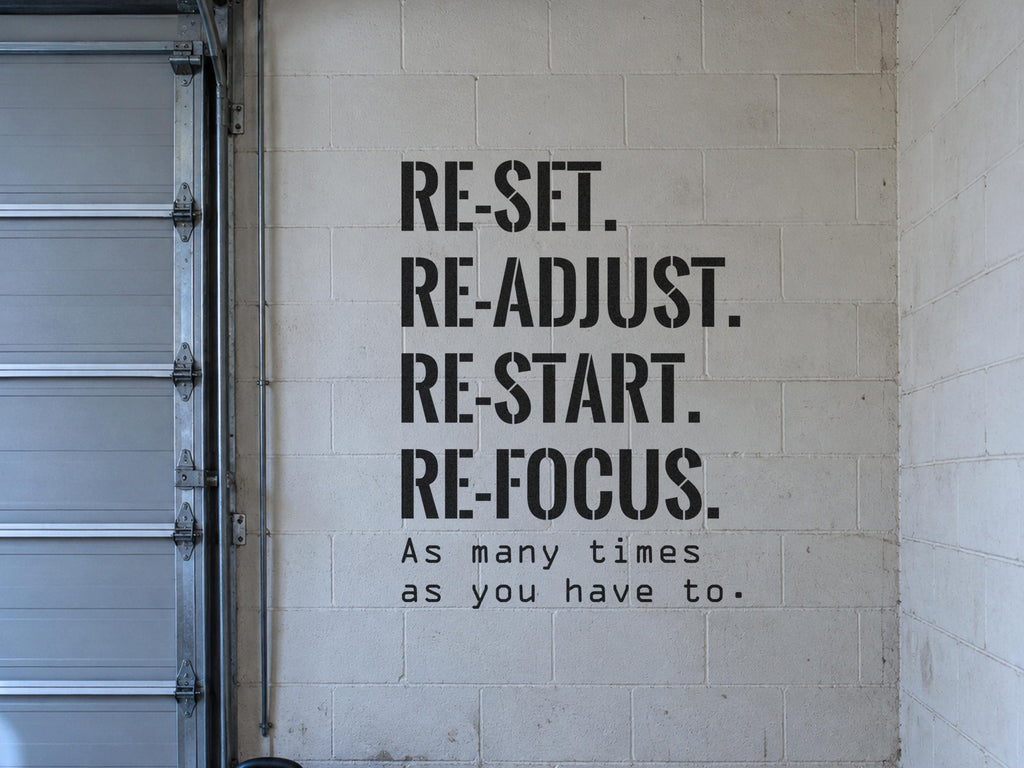 Reset Readjust Restart Refocus Wall Decal, Home Gym Motivation Sign