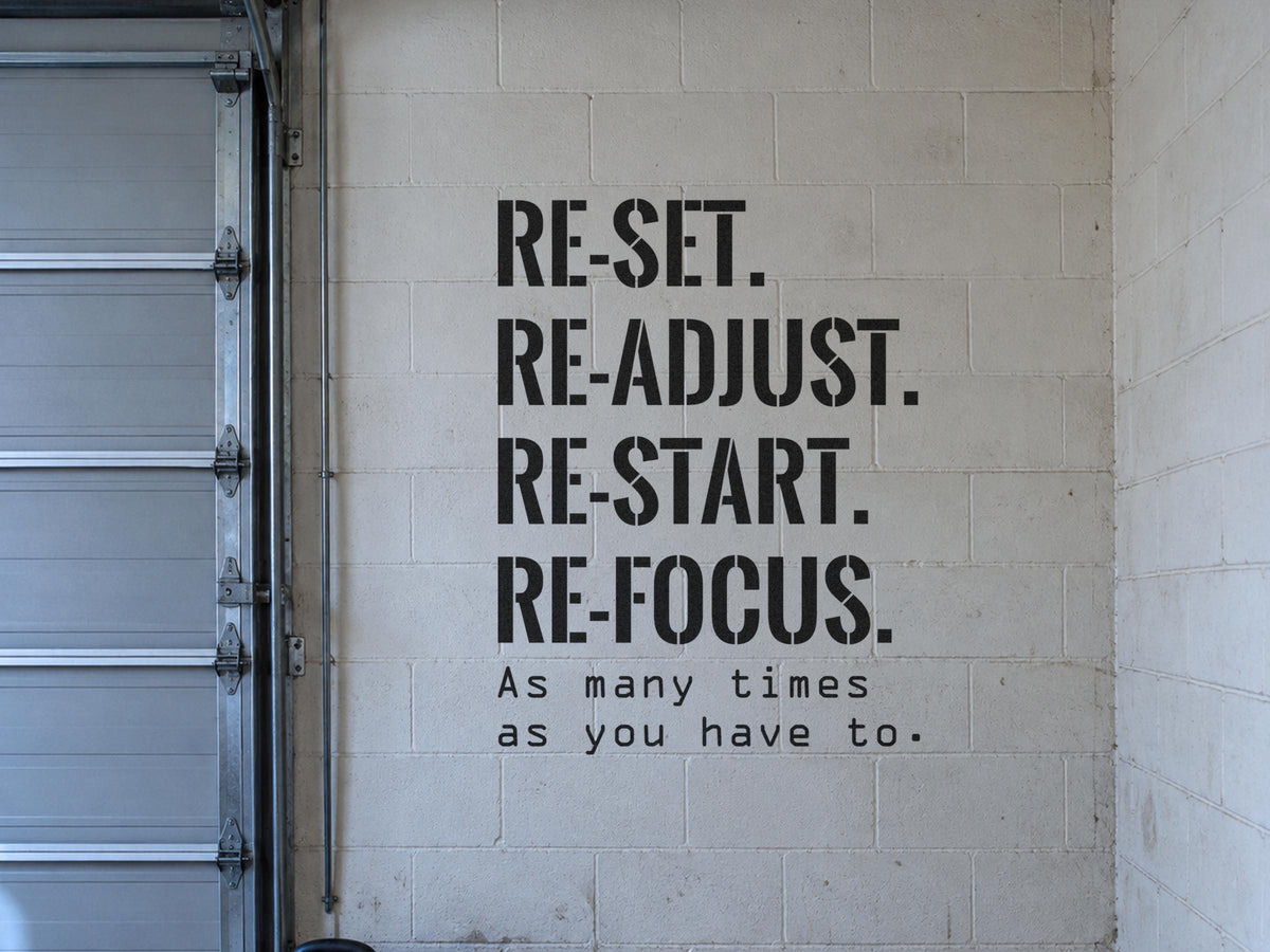 Reset Readjust Restart Refocus Wall Decal, Home Gym Motivation Sign