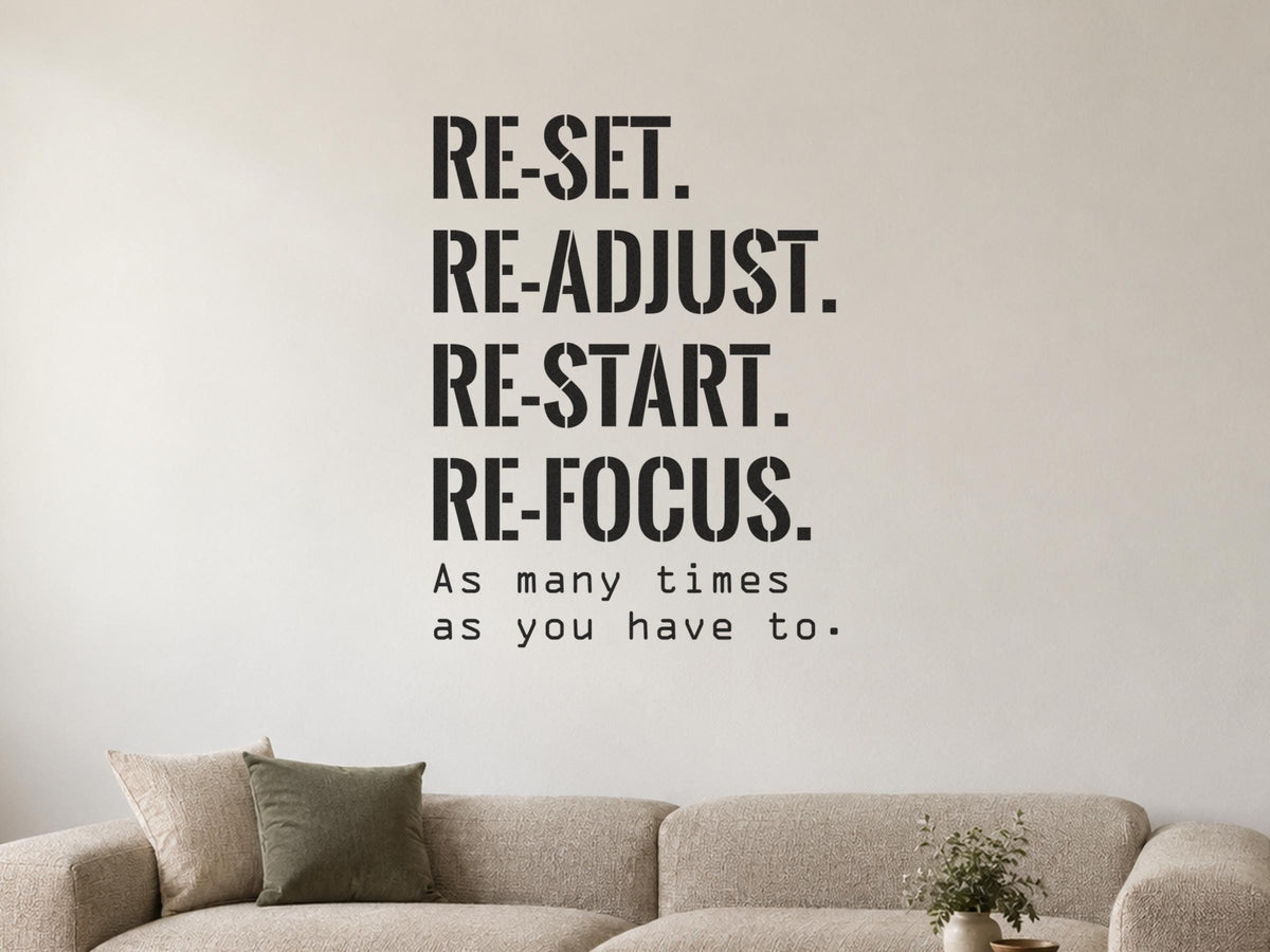 Reset Readjust Restart Refocus Wall Decal, Home Gym Motivation Sign