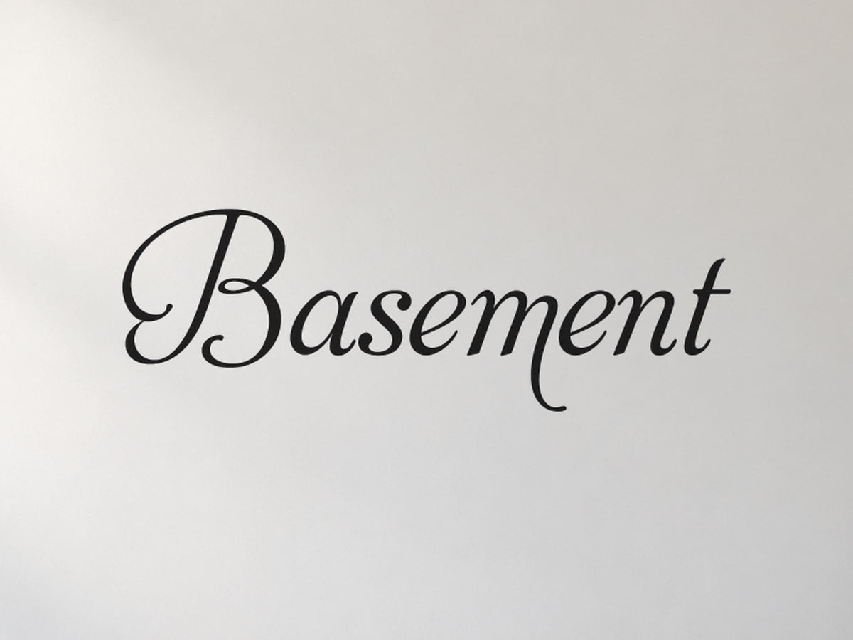 Basement Door Sign, Elegant Script Vinyl Decal for a Basement or Man Cave Door