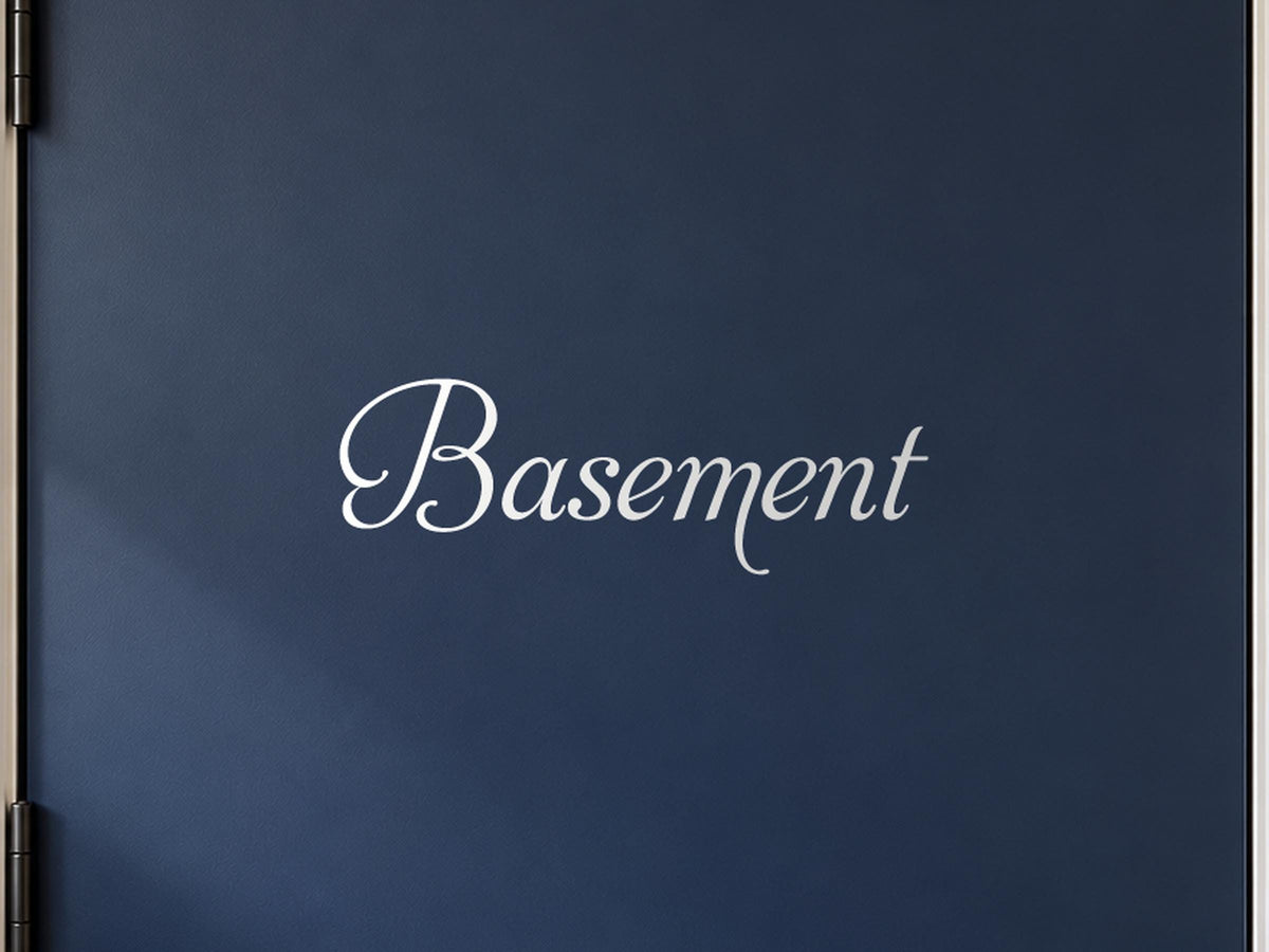 Basement Door Sign, Elegant Script Vinyl Decal for a Basement or Man Cave Door
