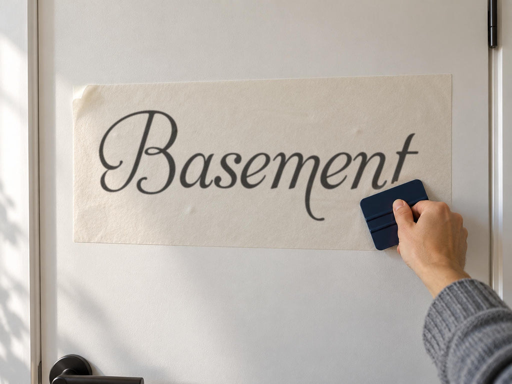 Basement Door Sign, Elegant Script Vinyl Decal for a Basement or Man Cave Door