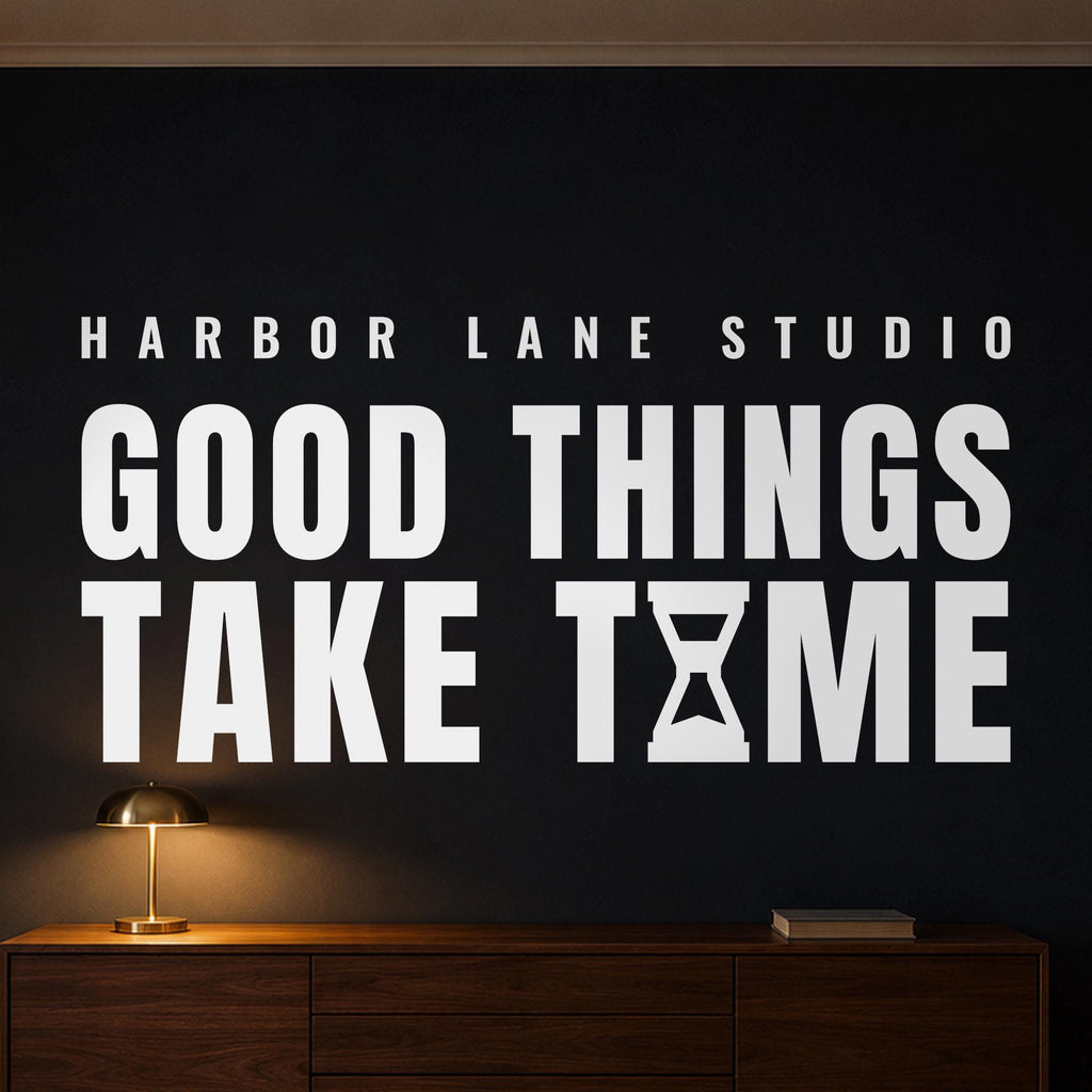 Good Things Take Time Wall Decal, Hourglass Wall Art, Custom Office Name Sign, Home Office Decor, New Business Gift