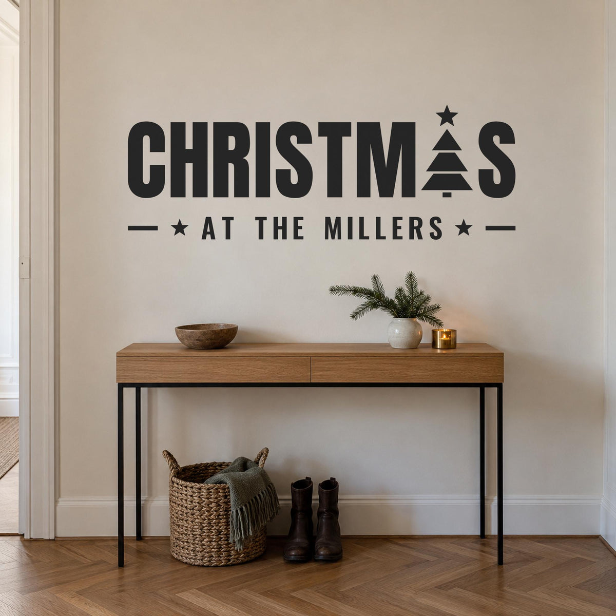 Christmas At Home Wall Decal, Custom Family Name Sign, Christmas Tree Wall Art, Holiday Decor, Large Vinyl Lettering for Living Room
