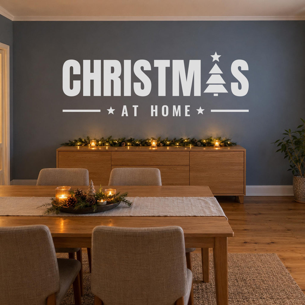 Christmas At Home Wall Decal, Custom Family Name Sign, Christmas Tree Wall Art, Holiday Decor, Large Vinyl Lettering for Living Room
