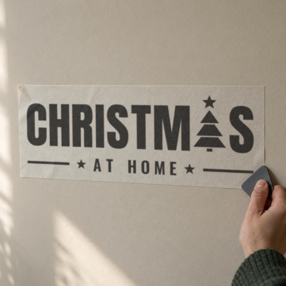 Christmas At Home Wall Decal, Custom Family Name Sign, Christmas Tree Wall Art, Holiday Decor, Large Vinyl Lettering for Living Room