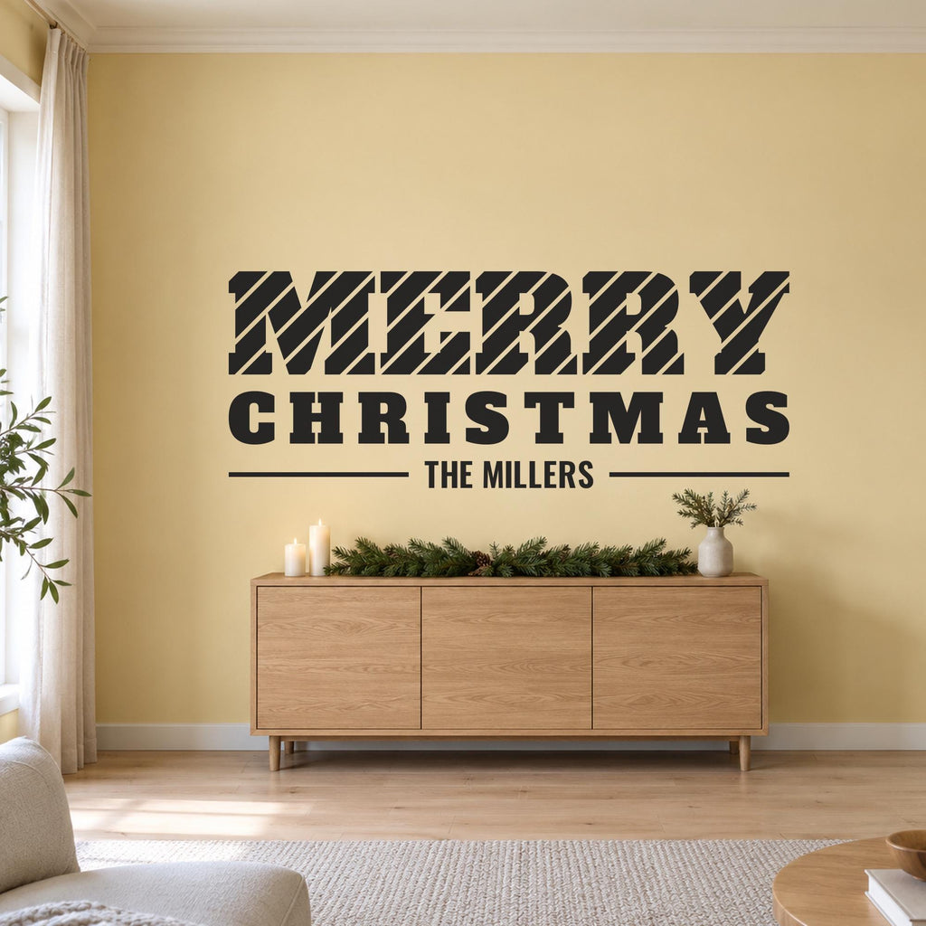 Merry Christmas Wall Decal, Candy Cane Christmas Sign, Custom Family Name, Holiday Wall Art, Large Vinyl Lettering for Living Room