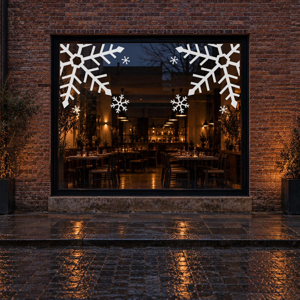 Snowflake Corner Window Decals, Set of 2, Giant Snowflake Christmas Decor, Winter Storefront Wall Decor for Shops and Cafes