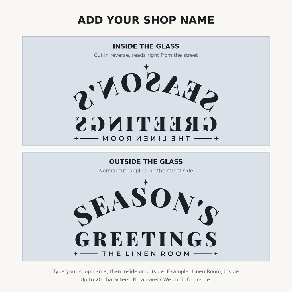 Seasons Greetings Window Decal, Custom Shop Name Christmas Signage, Storefront Christmas Window Decor, Holiday Business Wall Decor