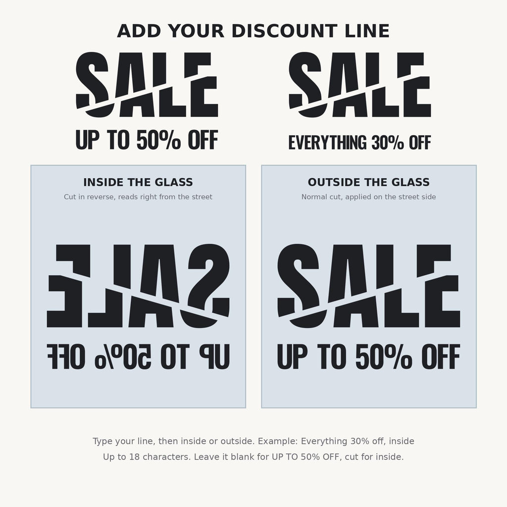 Sale Window Decal, Custom Discount Sign for Retail Store, Boutique Window Lettering, Clearance Signage, Shop Wall Decor