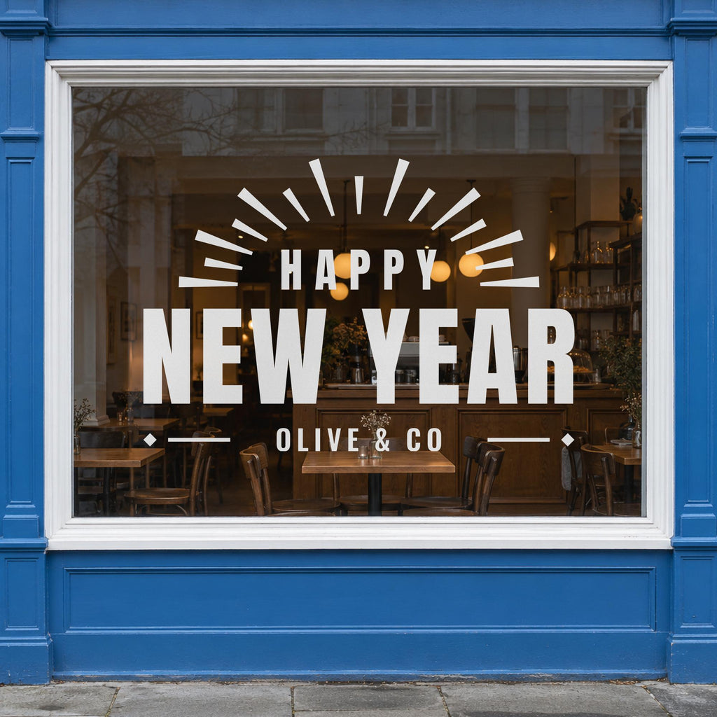 Happy New Year Window Decal, Custom Shop Name Storefront Sign, Art Deco New Years Eve Decor, Business Window Lettering, Holiday Wall Decor