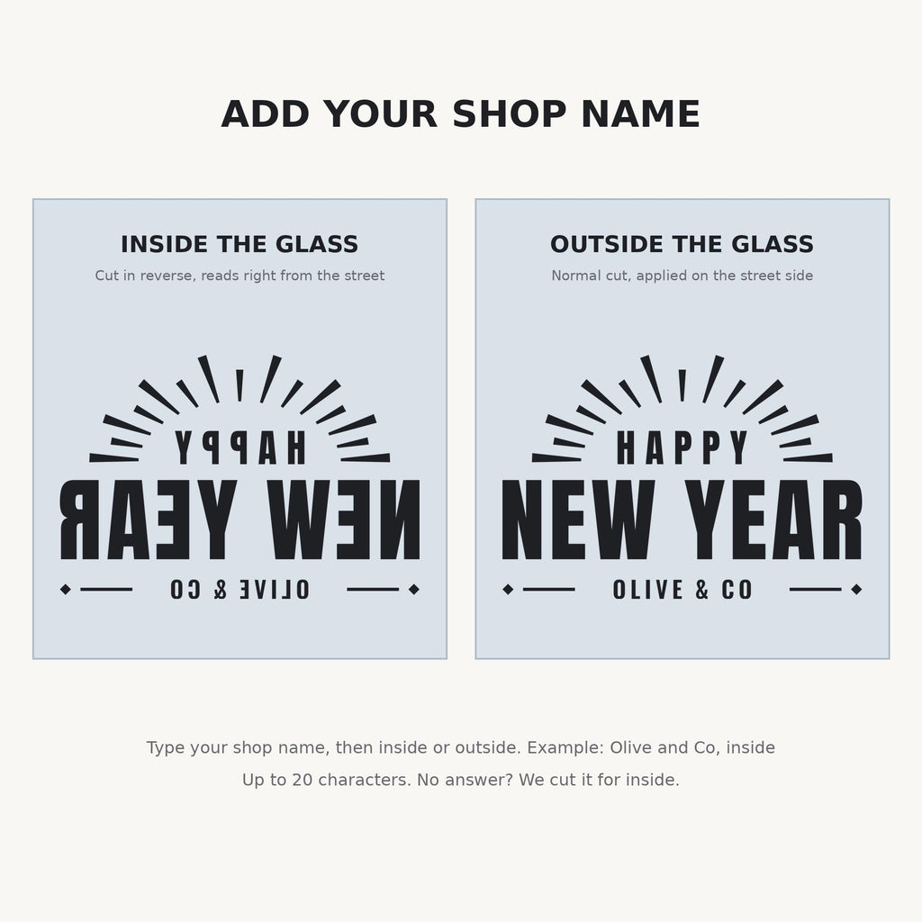 Happy New Year Window Decal, Custom Shop Name Storefront Sign, Art Deco New Years Eve Decor, Business Window Lettering, Holiday Wall Decor