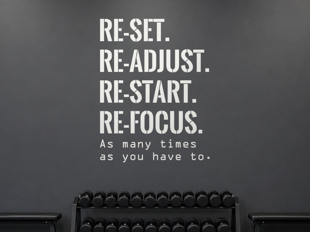 Reset Readjust Restart Refocus Wall Decal, Home Gym Motivation Sign