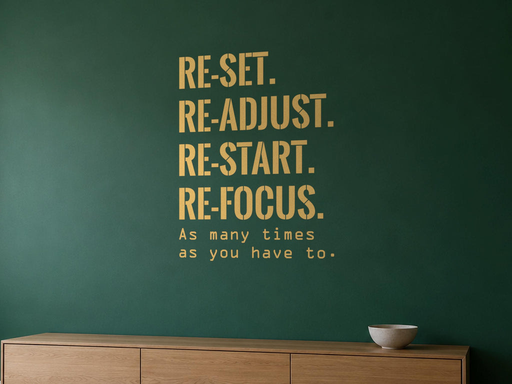 Reset Readjust Restart Refocus Wall Decal, Home Gym Motivation Sign