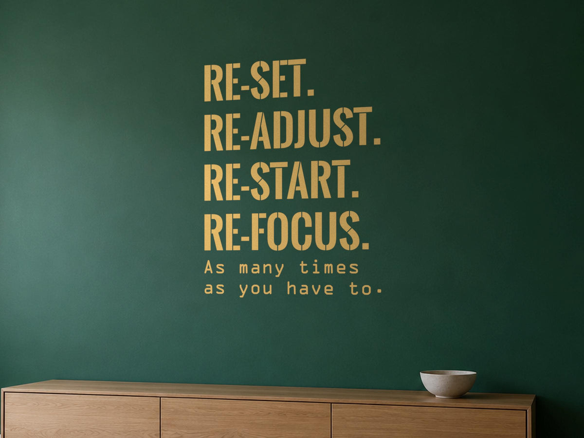 Reset Readjust Restart Refocus Wall Decal, Home Gym Motivation Sign
