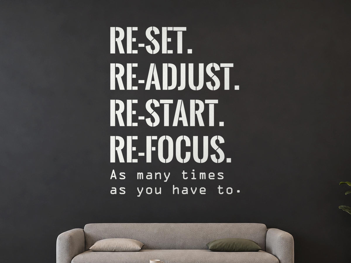 Reset Readjust Restart Refocus Wall Decal, Home Gym Motivation Sign