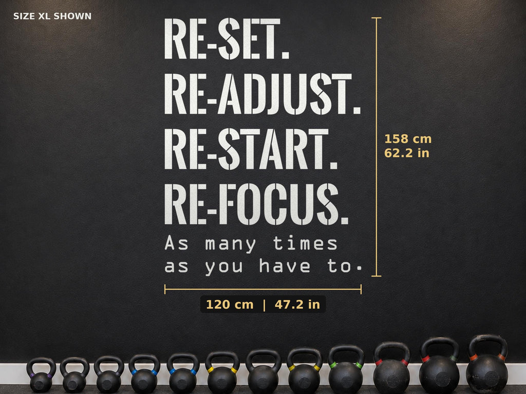 Reset Readjust Restart Refocus Wall Decal, Home Gym Motivation Sign
