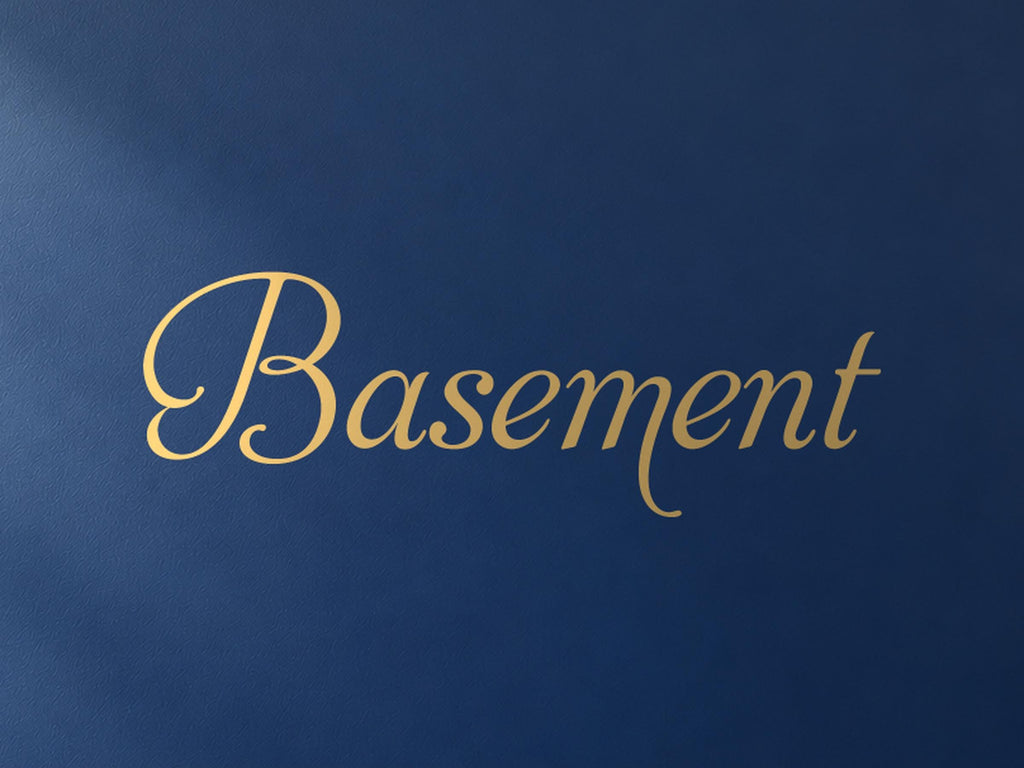 Basement Door Sign, Elegant Script Vinyl Decal for a Basement or Man Cave Door