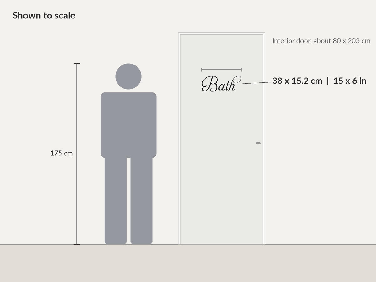 Bath Door Sign, Elegant Script Vinyl Decal for a Bathroom or Powder Room Door