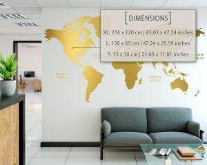 Gold World Map Wall Sticker - Dimensions