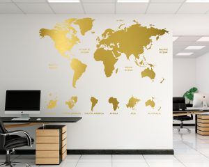 World Map with Continents Wall Decal - Gold Foil